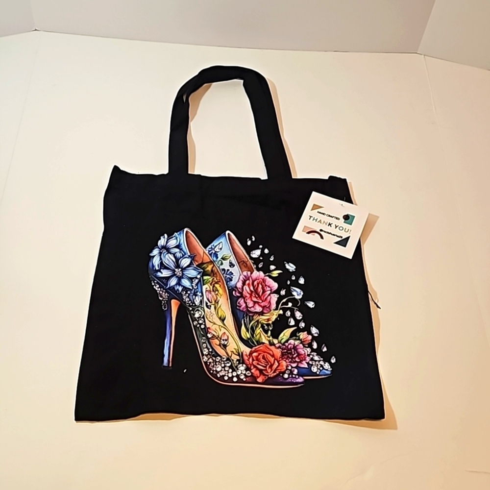 Hand Crafted Reusable Black Canvas Tote Bag 100% Cotton Floral Blue Heels 13x13" - Picture 5 of 17